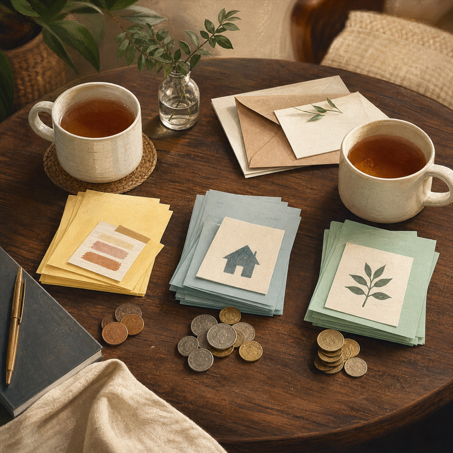 Tea, envelopes, coins, and paper slips arranged on a wooden table